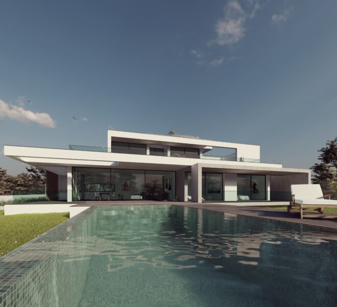 Front exterior of a modern 5-bedroom luxury villa with heated pool and sea views in Carvoeiro, Algarve
