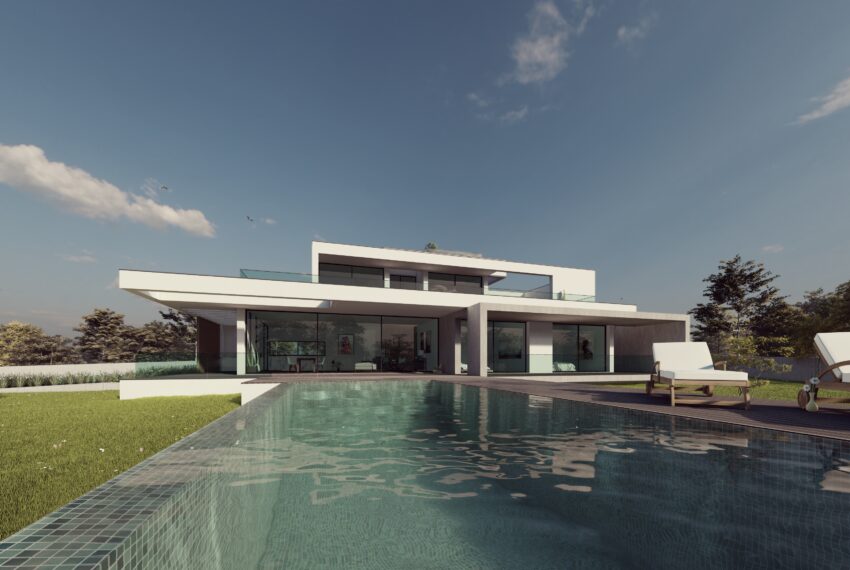Front exterior of a modern 5-bedroom luxury villa with heated pool and sea views in Carvoeiro, Algarve