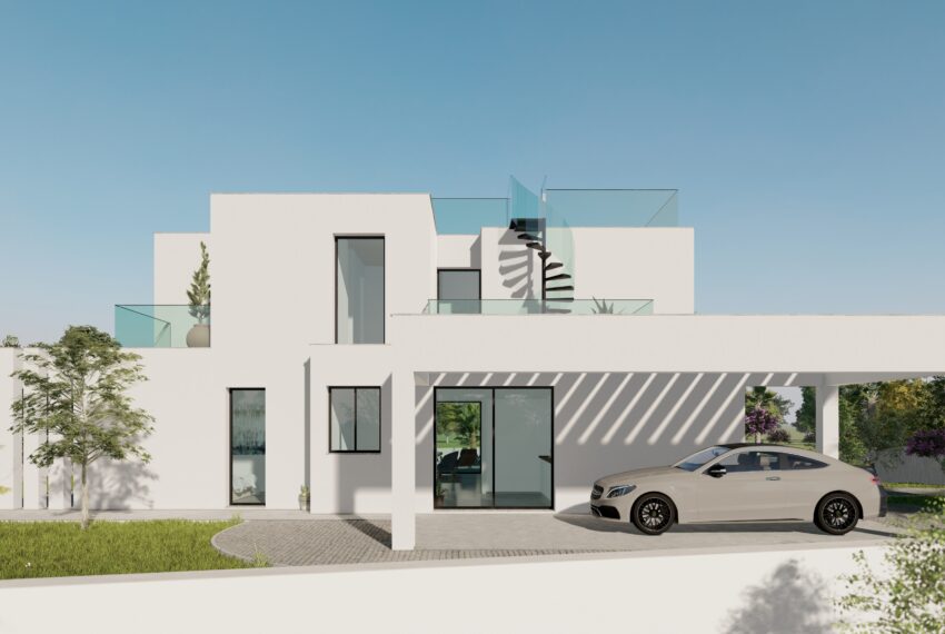 Side View of Luxury 4-Bedroom Villa with Carport and Car in Carvoeiro, Algarve